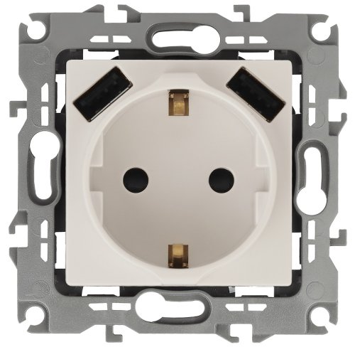 Розетка с заземлением +2xUSB без рамки Эра Elegance 1-м. шторки слоновая кость фото Розетка с заземлением +2xUSB без рамки Эра Elegance 1-м. шторки слоновая кость картинка